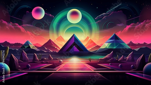 Surreal landscape with high contrast geometric shapes, esoteric symbols, and captivating neon accents