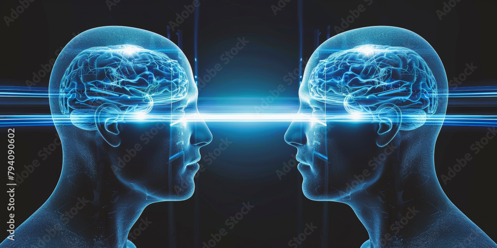 Two human silhouettes facing each other with glowing brains connected by a stream of light, symbolizing mental connection or telepathy, thinking in two parallel Two human silhouettes facing each other with glowing brains connected by a stream of light, symbolizing mental connection or telepathy, thinking in two parallel