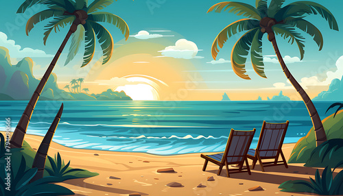 Tranquil beach scene illustration with lush palms, soft sands, azure waters, and a clear sky, conveying a serene tropical escape. Generative AI