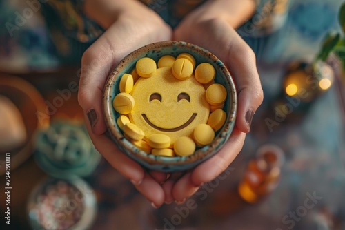 female hands hold in their palms a ceramic cup in which yellow large tablets are poured, in the center lies a large tablet with a smiley face