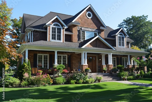 on a green lawn stands a two-story brown house with white pillars and windows. the house is surrounded by flowers and green plants