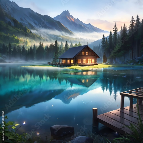 magnificent and awe inspiring mountain landscape captures the view of a cozy big log cabin nears the lake  photo