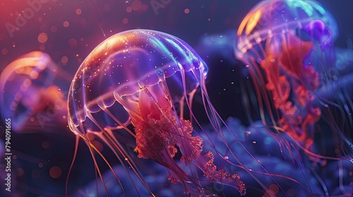 Glowing jellyfish elegantly float in a deep-sea environment
