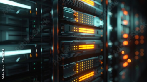 A glowing data center server bank with a depth of field, great for a cloud storage company.   photo