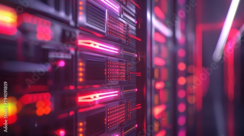 A glowing data center server bank with a depth of field, great for a cloud storage company. 