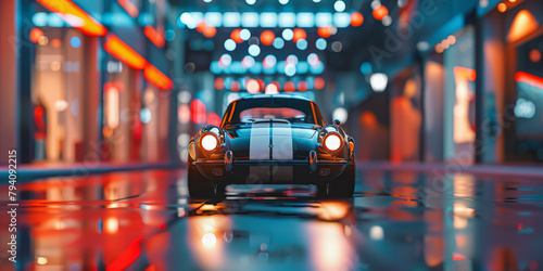 A vintage sports car moving through a neon-lit tunnel, capturing the essence of speed and retro-futuristic urban aesthetics. photo