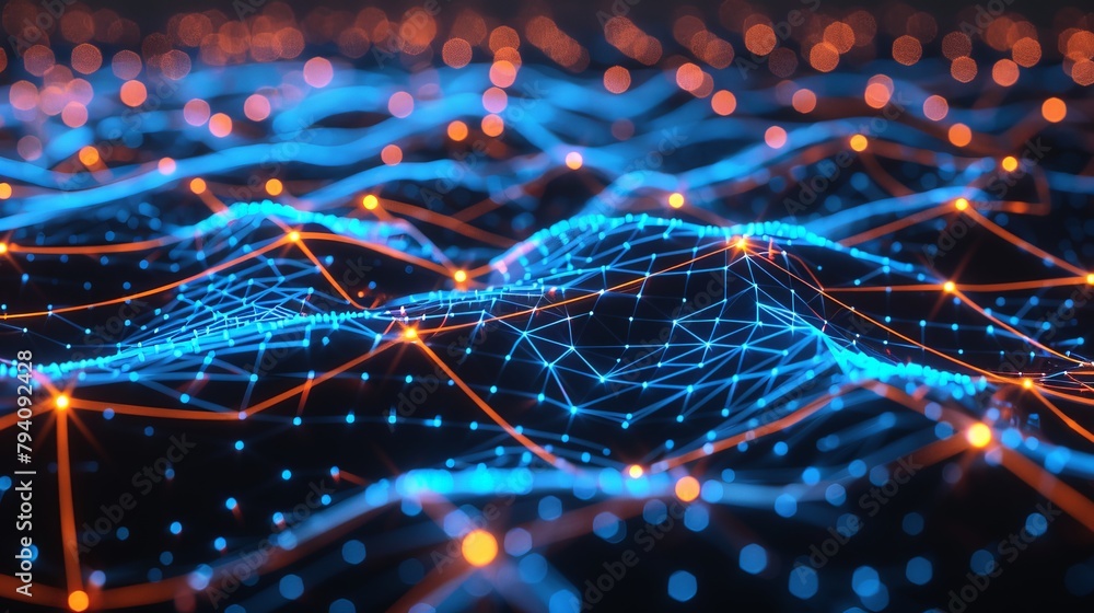 A network of glowing nodes and connections pulsating with energy ...