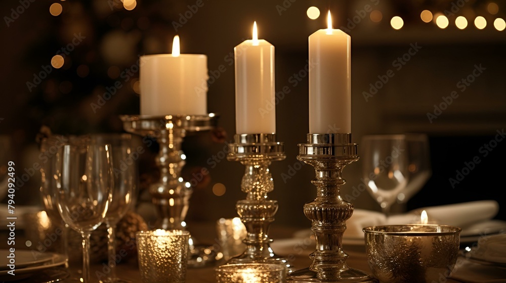 A beautifully arranged table with lit candles and neatly A beautifully arranged table with lit candles and neatly
