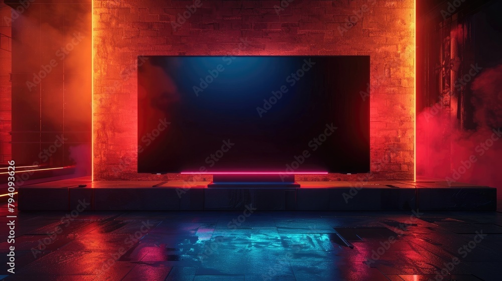 NeonLit SeventyFive Inch Television Radiating Technological Wonder and Futuristic Urban Style