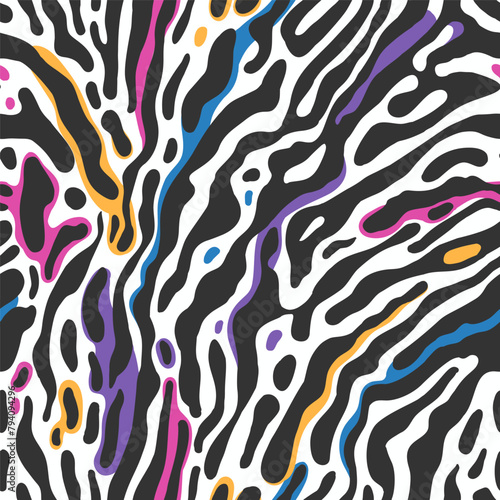 Zebra print seamless pattern with color splashes. Abstract pattern in modern color palette. Suitable for for apparel, textile, wrapping paper, etc.