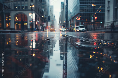 Urban scene, Rainy day in the city, Reflections on wet streets, Moody atmosphere