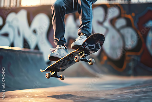 Action sports scene, Skateboarder performing a kickflip, Urban skate park, Dynamic motion