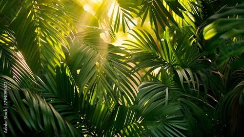 Sunlight Dances through Tropical Paradise  A Vibrant Summer Palm Leaves Backdrop