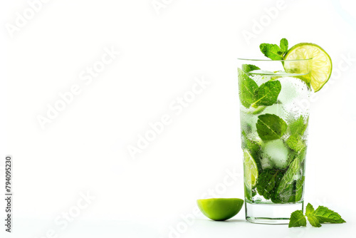 Mojito cocktail made according to a classic recipe with mint and lime on a white background. A place for the text.