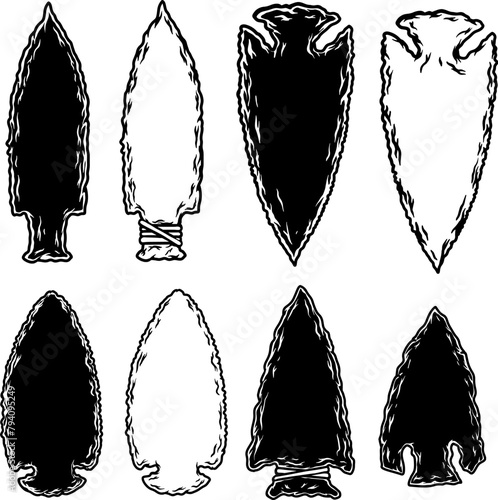 Illustration of stone arrowhead. Design element for poster, card, banner, logo, emblem. Vector illustration