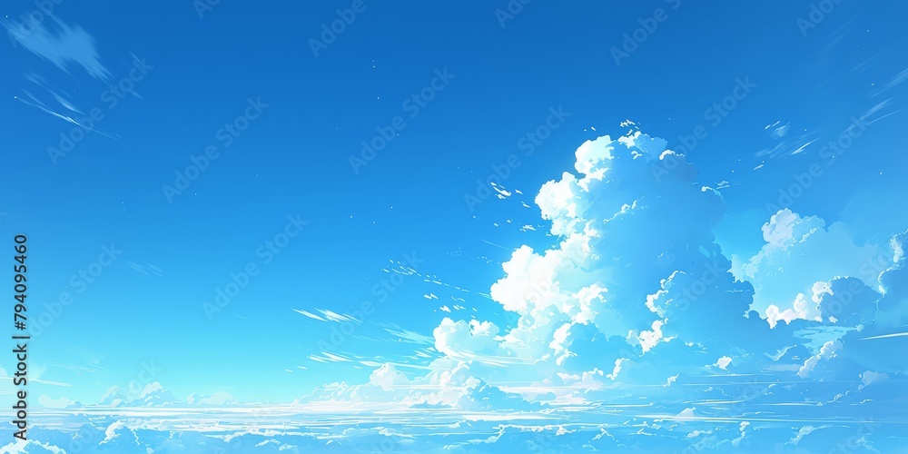 The sky is clear and blue, with white clouds floating in the upper part of the screen. The background features an anime style, creating a beautiful and dreamy atmosphere.