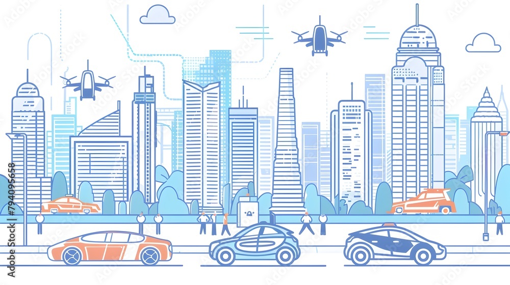 Fototapeta premium Autonomous Vehicles and Drones Revolutionize Smart City Transportation