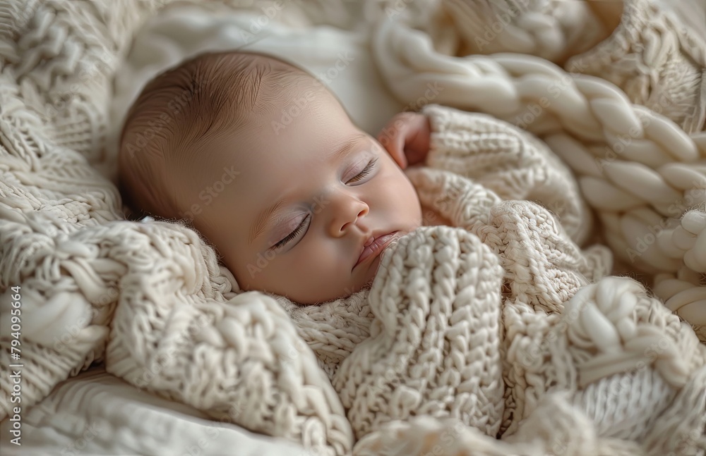 Newborn peacefully rests on bed, adorned in white attire and cozy sweater, dreaming serenely Newborn peacefully rests on bed, adorned in white attire and cozy sweater, dreaming serenely