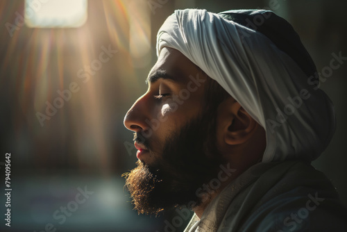 Portrait of a muslim immersed in contemplative prayer against a dark background with rays of light. Shallow depth of field photo