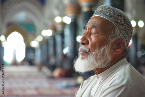 Portrait of a elderly muslim mullah immersed in prayer in the mosque. Shallow depth of field photo