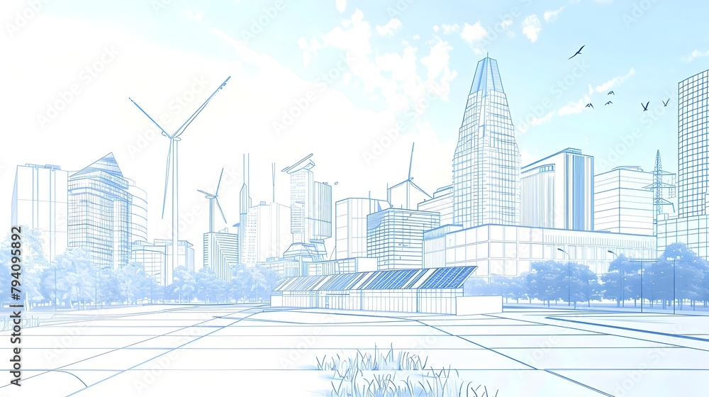 Line Sketch of a Smart City Energy Grid Emphasizing Sustainable Building Designs