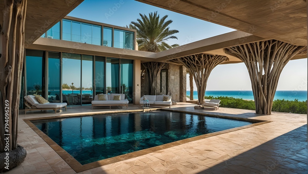A luxurious swimming pool surrounded by large windows overlooking the ocean. The pool has a regular rectangular shape with elegant curved edges. Loungers are spread around the pool, providing the perf