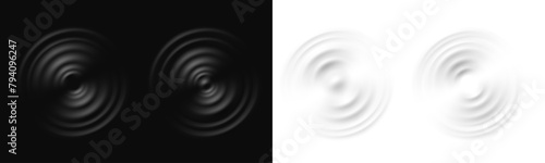 Drop or sound wave splash effects. Realistic water ripple. Round wave surfaces on black and transparent background photo