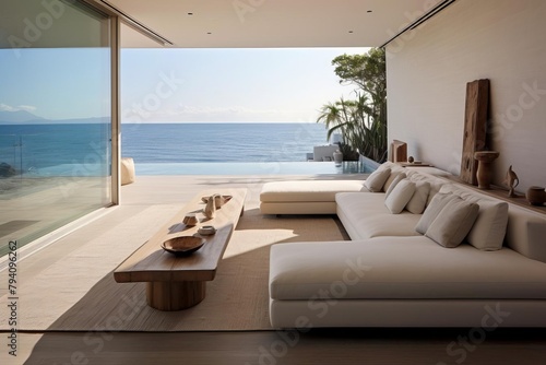 Minimalist beach house design with a simple coffee table set against a backdrop of wide, panoramic ocean vistas © reels