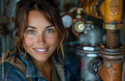 Smiling female plumber adeptly repairs water pipe, captured in a home setting, showcasing expertise photo