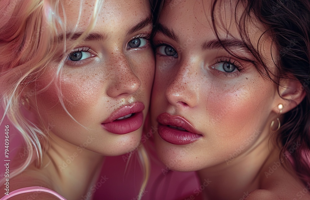 Blonde and brunette women with diverse skin tones embrace, kissing, against pink backdrop Blonde and brunette women with diverse skin tones embrace, kissing, against pink backdrop