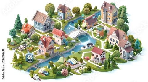 Playful 3D Isometric of a Charming Small Town with Houses and a River