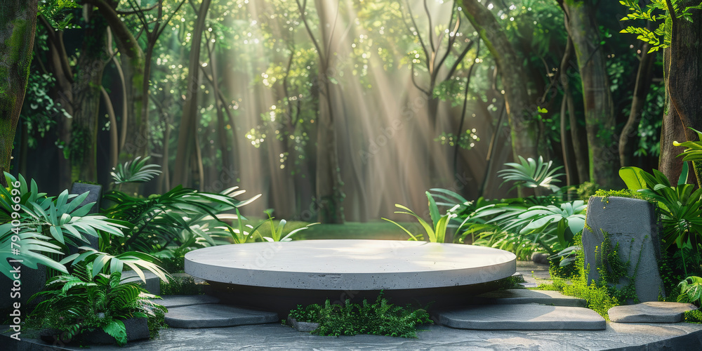 Serene forest clearing with sunlight streaming onto a circular stone platform amid lush greenery and towering trees. Serene forest clearing with sunlight streaming onto a circular stone platform amid lush greenery and towering trees.