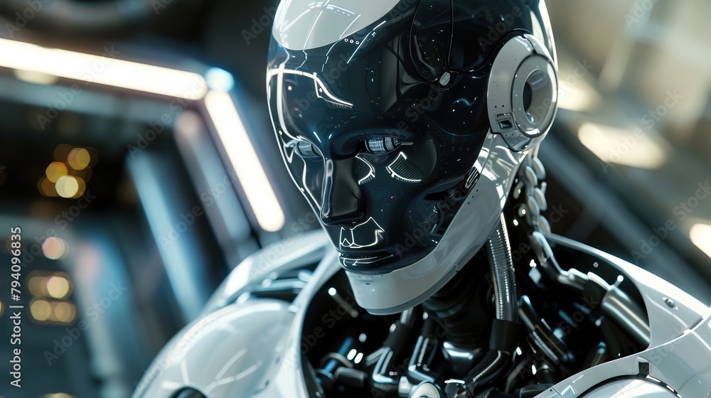 Fototapeta premium A highly detailed 3D rendering of a robot's head and upper torso.