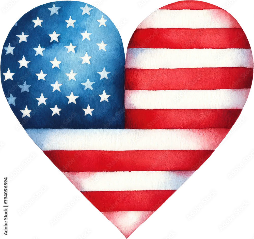 Fototapeta premium Watercolor Memorial Day Art: Patriotic Clipart for American Holidays & Celebrations. Fourth of July Clipart: Celebrate USA Independence with Watercolor Heart-Shaped American Flag.