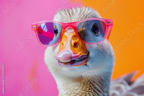 Funny goose wearing sunglasses in studio with a colorful and bright background