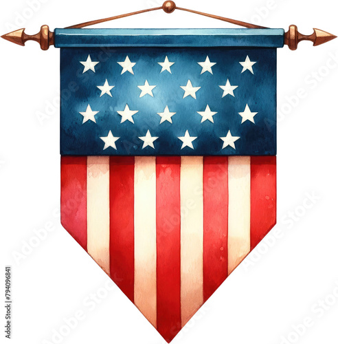 Watercolor Memorial Day Art: Patriotic Clipart for American Holidays & Celebrations. Fourth of July Clipart: Celebrate USA Independence with Watercolor Hanging American Pennant Flag.