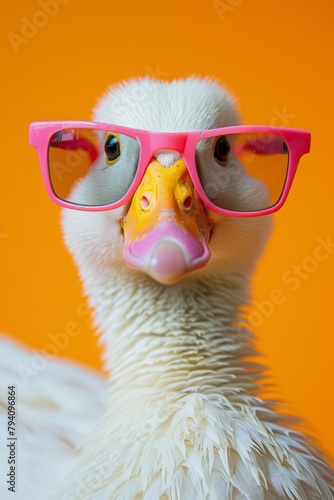 Funny goose wearing sunglasses in studio with a colorful and bright background