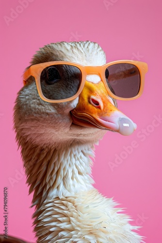 Funny goose wearing sunglasses in studio with a colorful and bright background