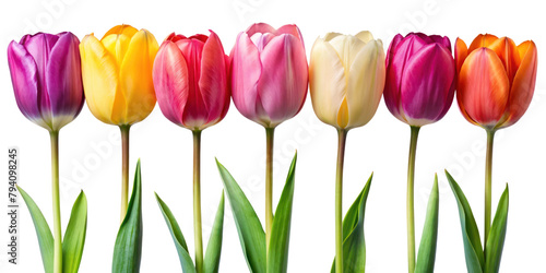 Colorful Tulip flowers in Row of isolated cutout object on transparent background. closeup