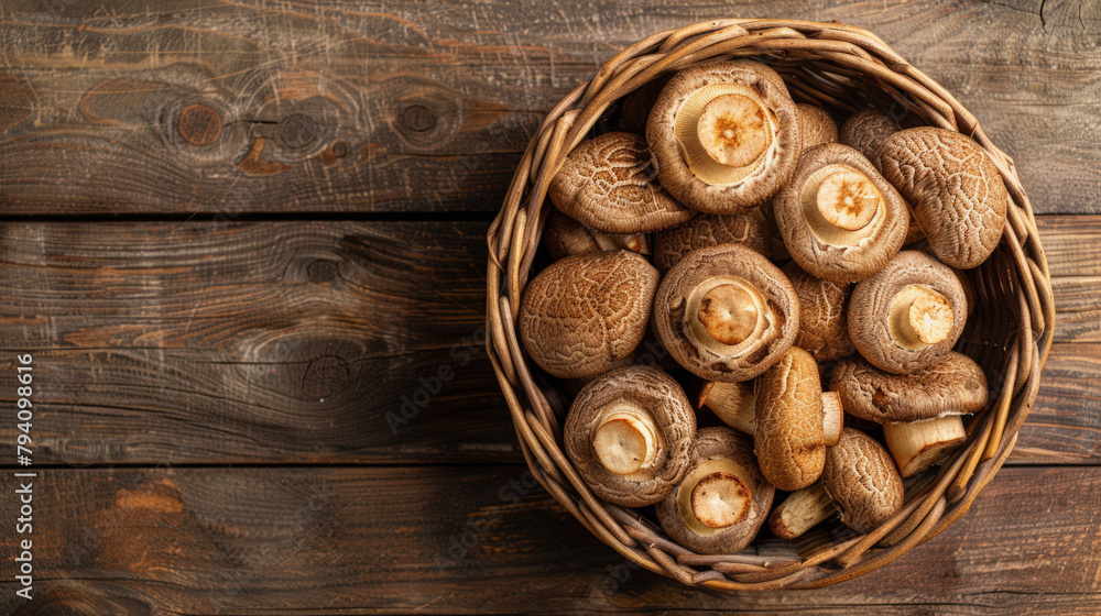 A wicker basket filled with fresh, whole shiitake mushrooms on a rustic wooden background. A wicker basket filled with fresh, whole shiitake mushrooms on a rustic wooden background.