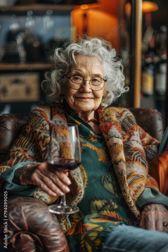 Funny old woman, chilling and relaxing in an armchair, drinking wine.