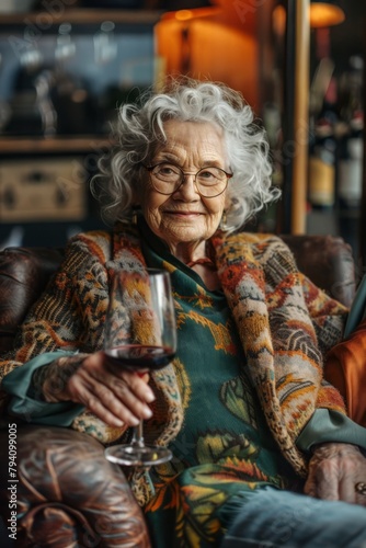 Funny old woman  chilling and relaxing in an armchair  drinking wine.