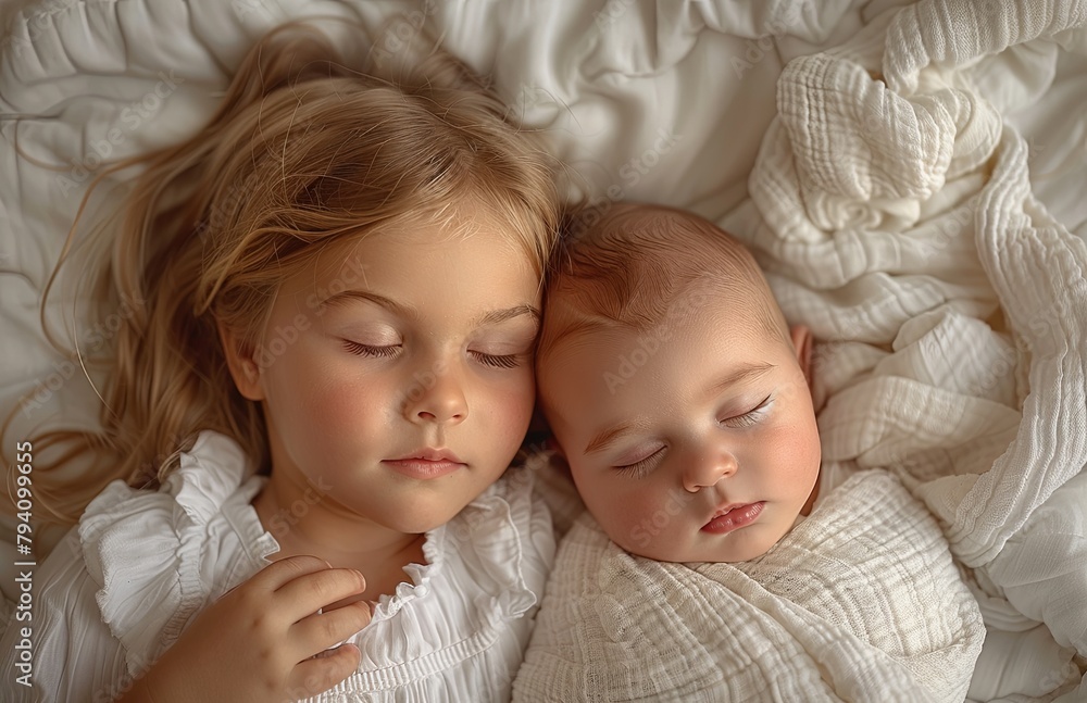 Young girl peacefully rests beside newborn sibling, sharing tender moments in their cozy bed Young girl peacefully rests beside newborn sibling, sharing tender moments in their cozy bed