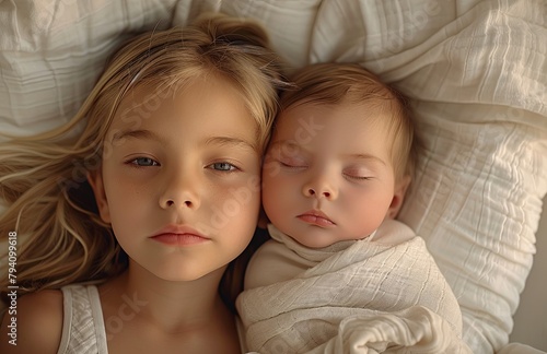 Young girl peacefully rests beside newborn sibling, sharing tender moments in their cozy bed