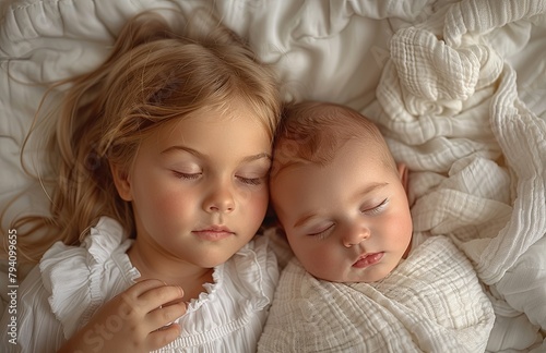 Young girl peacefully rests beside newborn sibling, sharing tender moments in their cozy bed