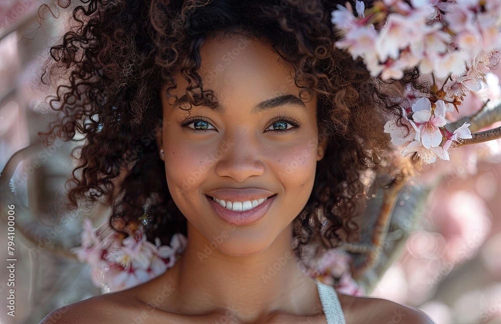 radiant black woman in a white dress smiles under a blooming cherry blossom tree radiant black woman in a white dress smiles under a blooming cherry blossom tree