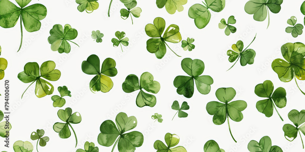 Obraz premium Scattered green clover leaves on a white background, suggesting a theme of luck or St. Patrick's Day celebration.