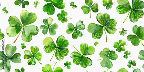 Various shades of green clover leaves scattered across a white background, resembling a festive St. Patrick's Day pattern.
