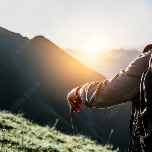 Hiking in the mountains, green pastures, bright and shining sun, mountains during sunrise , generated by AI