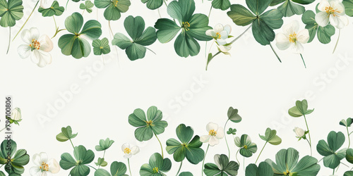 Elegant seamless pattern with green clover leaves and white flowers on a light background, suitable for fabric or wallpaper design.